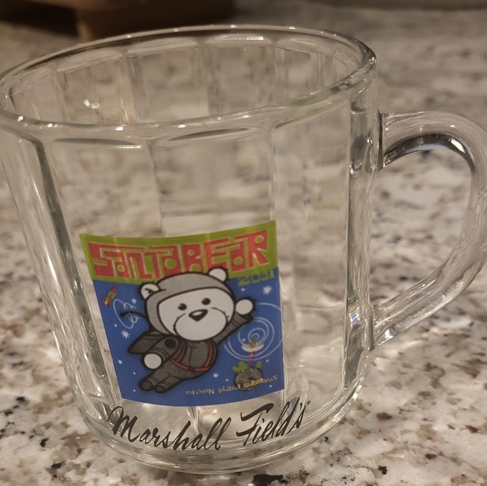 Marshall Field's Walnut Room Clear Glass Santa Bear Mug. Vintage. EUC